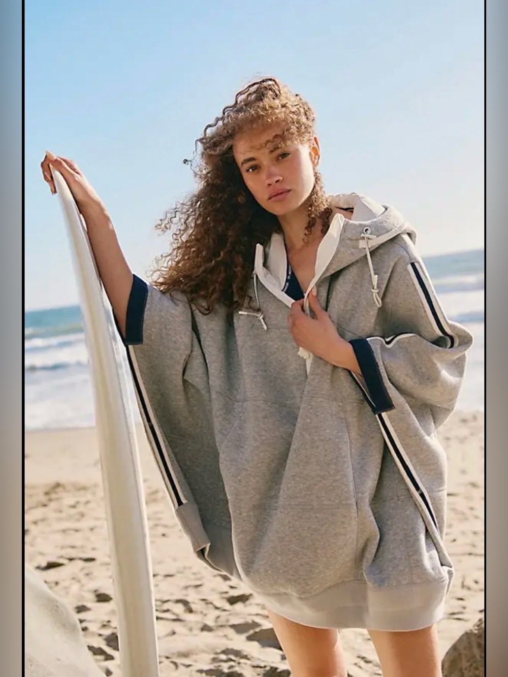 FP Movement by Free People Gray Hooded Poncho Sweatshirt with Navy Trim